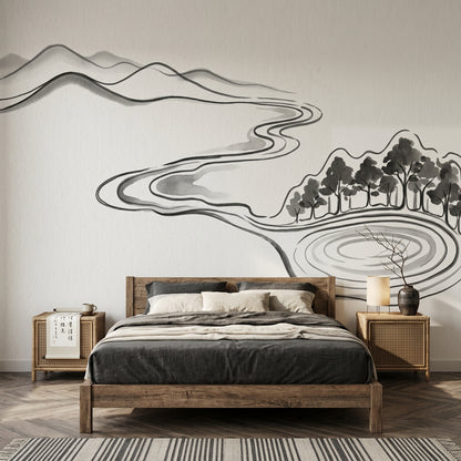 Minimalist Landscape Wallpaper Ink Wash Removable Monochrome Wall Decor