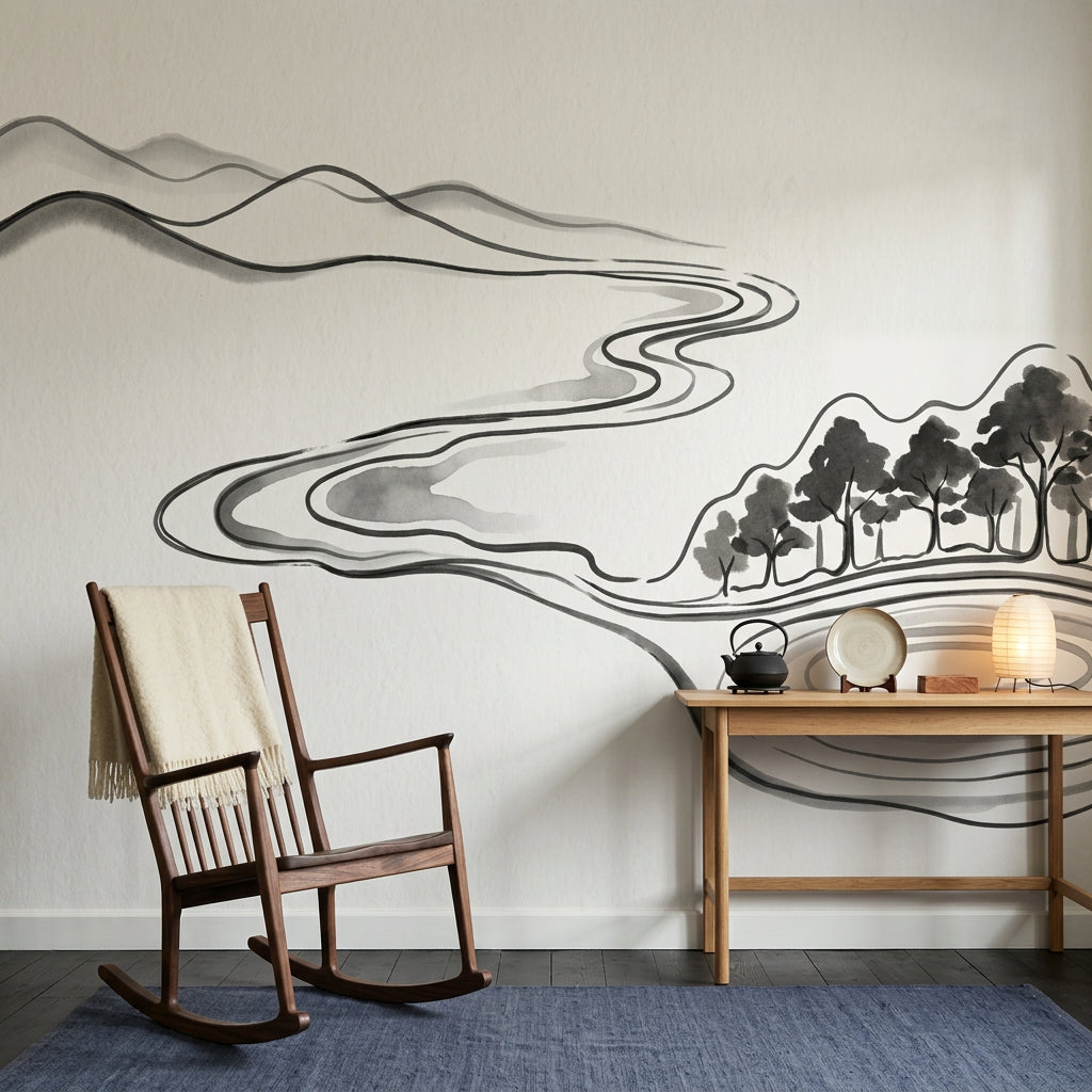 Minimalist Landscape Wallpaper Ink Wash Removable Monochrome Wall Decor