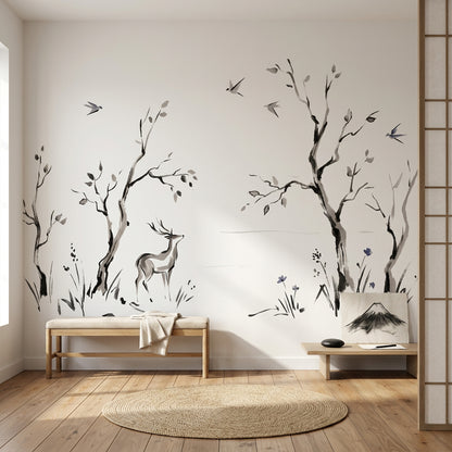 Minimalist Landscape Wallpaper Ink Wash Deer Wall Mural