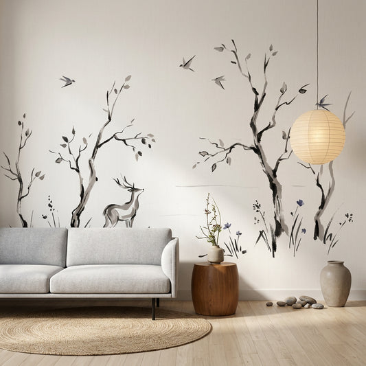 Minimalist Landscape Wallpaper Ink Wash Deer Wall Mural