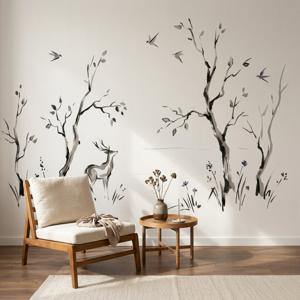Minimalist Landscape Wallpaper Ink Wash Deer Wall Mural