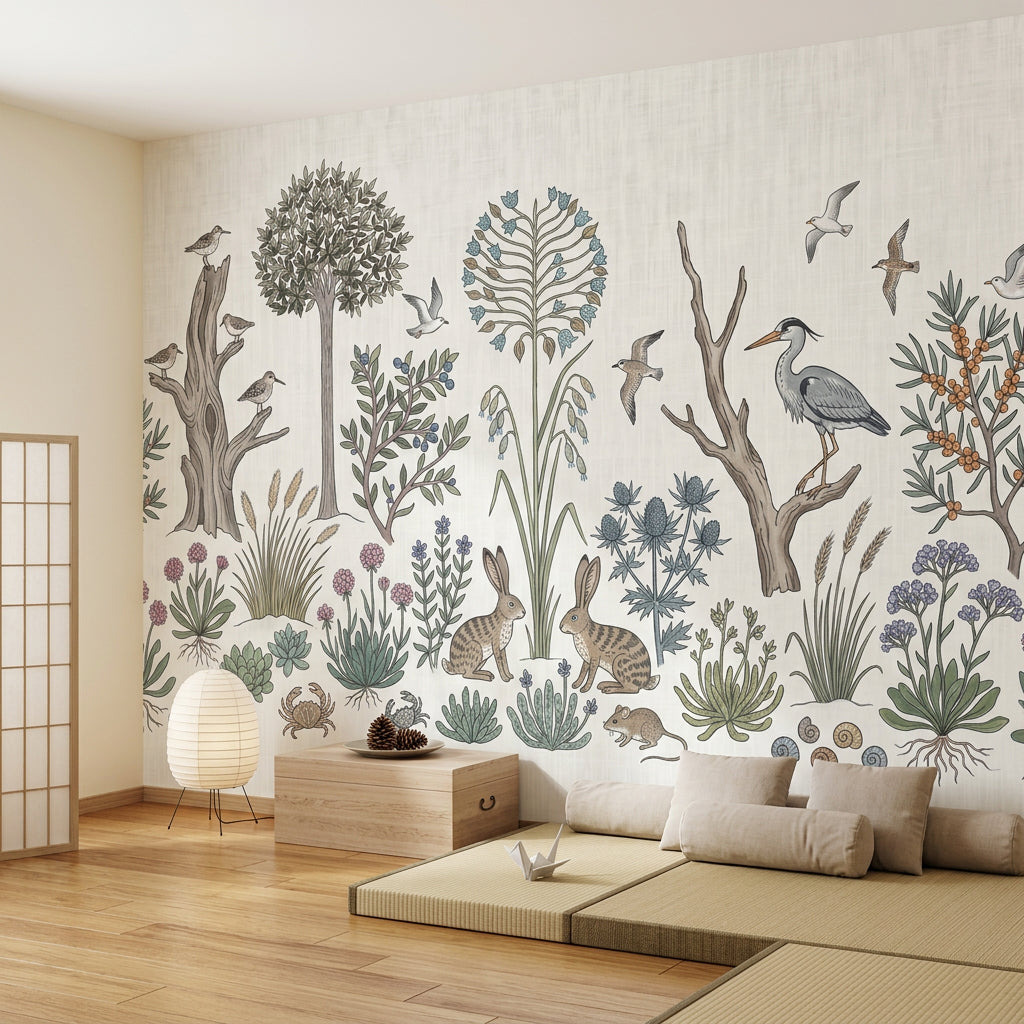 Vintage Botanical Wallpaper Woodland Meadow Rabbits Wall Mural