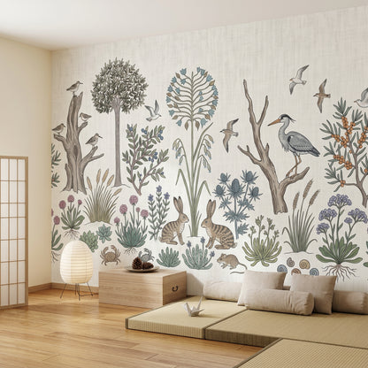 Vintage Botanical Wallpaper Woodland Meadow Rabbits Wall Mural