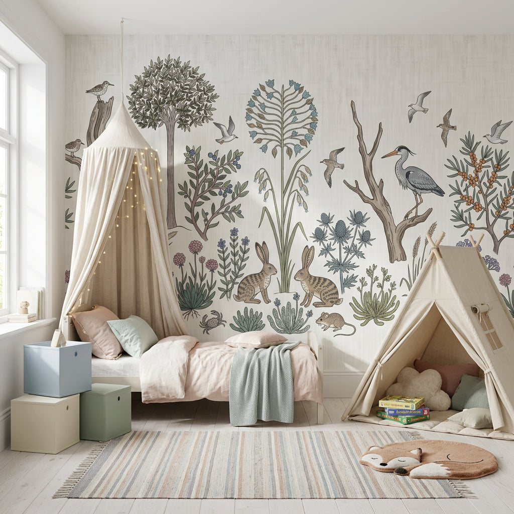 Vintage Botanical Wallpaper Woodland Meadow Rabbits Wall Mural