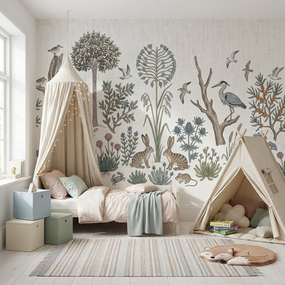 Vintage Botanical Wallpaper Woodland Meadow Rabbits Wall Mural