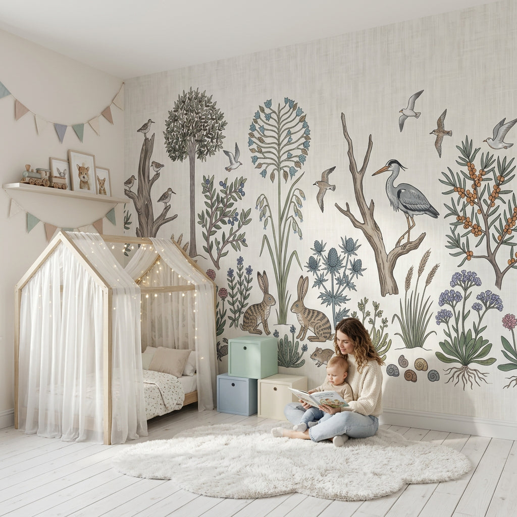 Vintage Botanical Wallpaper Woodland Meadow Rabbits Wall Mural