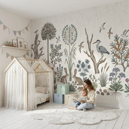 Vintage Botanical Wallpaper Woodland Meadow Rabbits Wall Mural