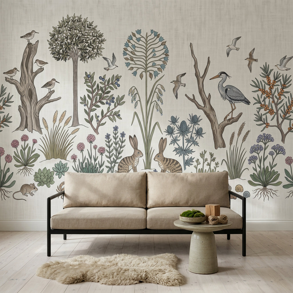 Vintage Botanical Wallpaper Woodland Meadow Rabbits Wall Mural