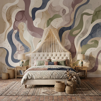 Wavy Ribbons Wallpaper Watercolor Muted Earth Tones Wall Mural