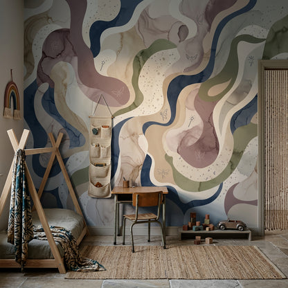Wavy Ribbons Wallpaper Watercolor Muted Earth Tones Wall Mural