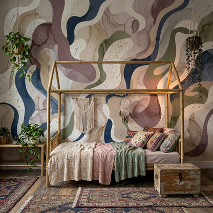 Wavy Ribbons Wallpaper Watercolor Muted Earth Tones Wall Mural