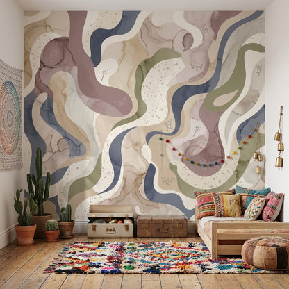 Wavy Ribbons Wallpaper Watercolor Muted Earth Tones Wall Mural