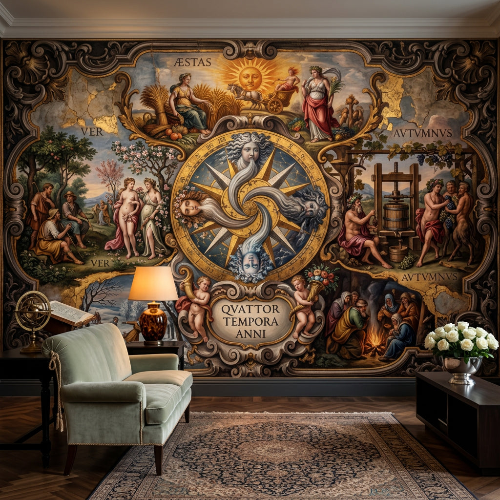 Four Seasons Wallpaper Baroque Frame Removable Zodiac Medallion Wall Decor