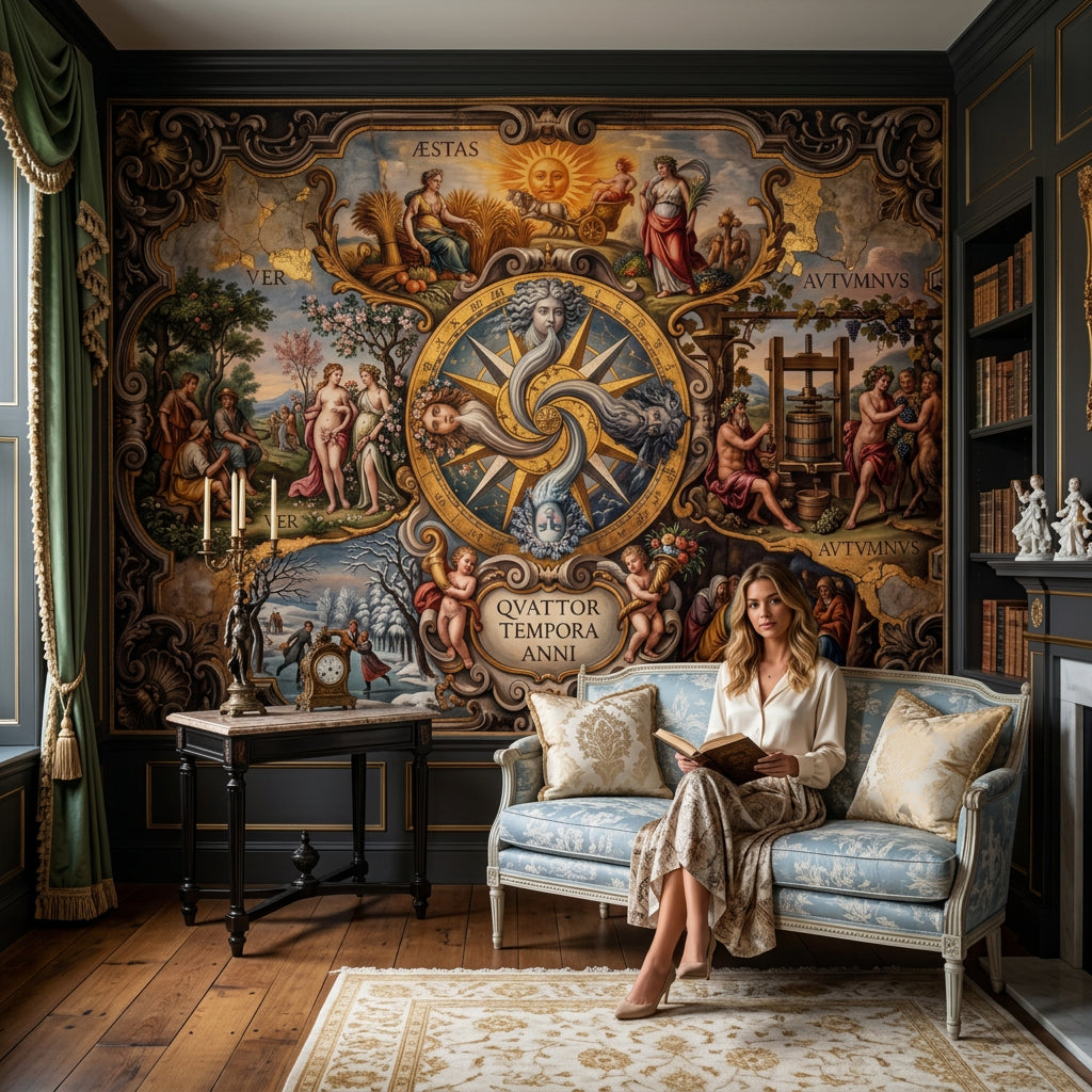 Four Seasons Wallpaper Baroque Frame Removable Zodiac Medallion Wall Decor