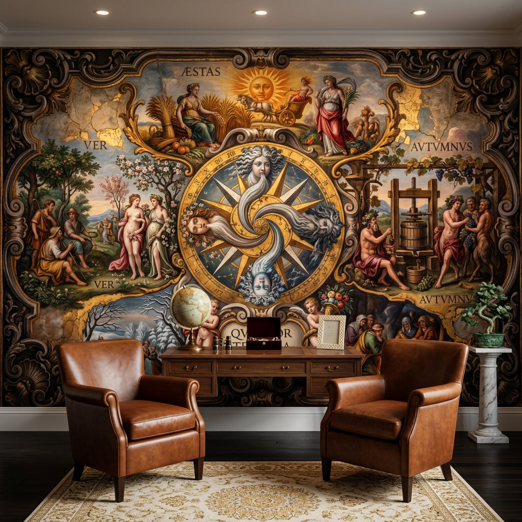 Four Seasons Wallpaper Baroque Frame Removable Zodiac Medallion Wall Decor