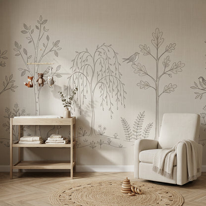 Woodland Wallpaper Forest Landscape Line Art Removable Wall Decor