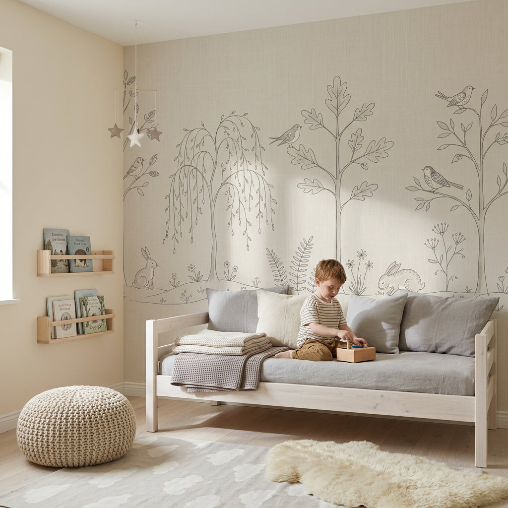 Woodland Wallpaper Forest Landscape Line Art Removable Wall Decor
