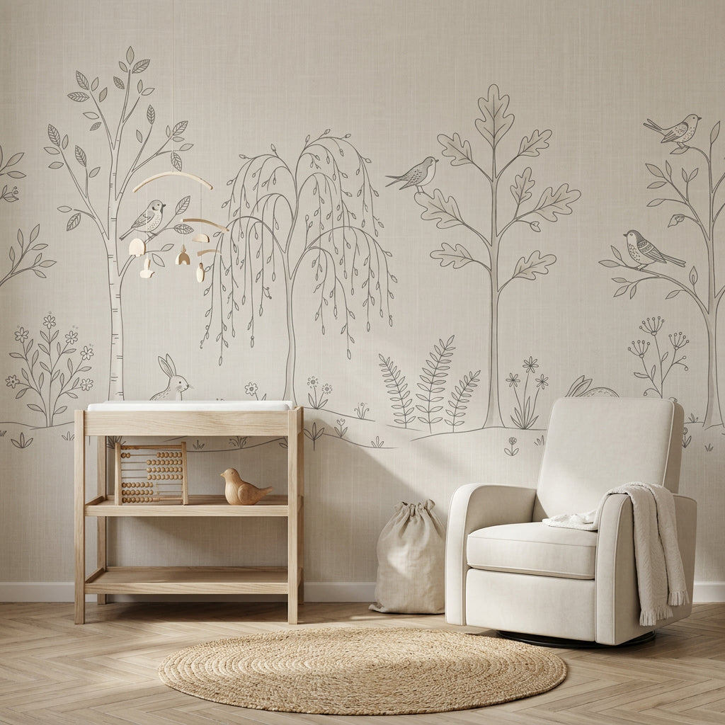 Woodland Wallpaper Forest Landscape Line Art Removable Wall Decor