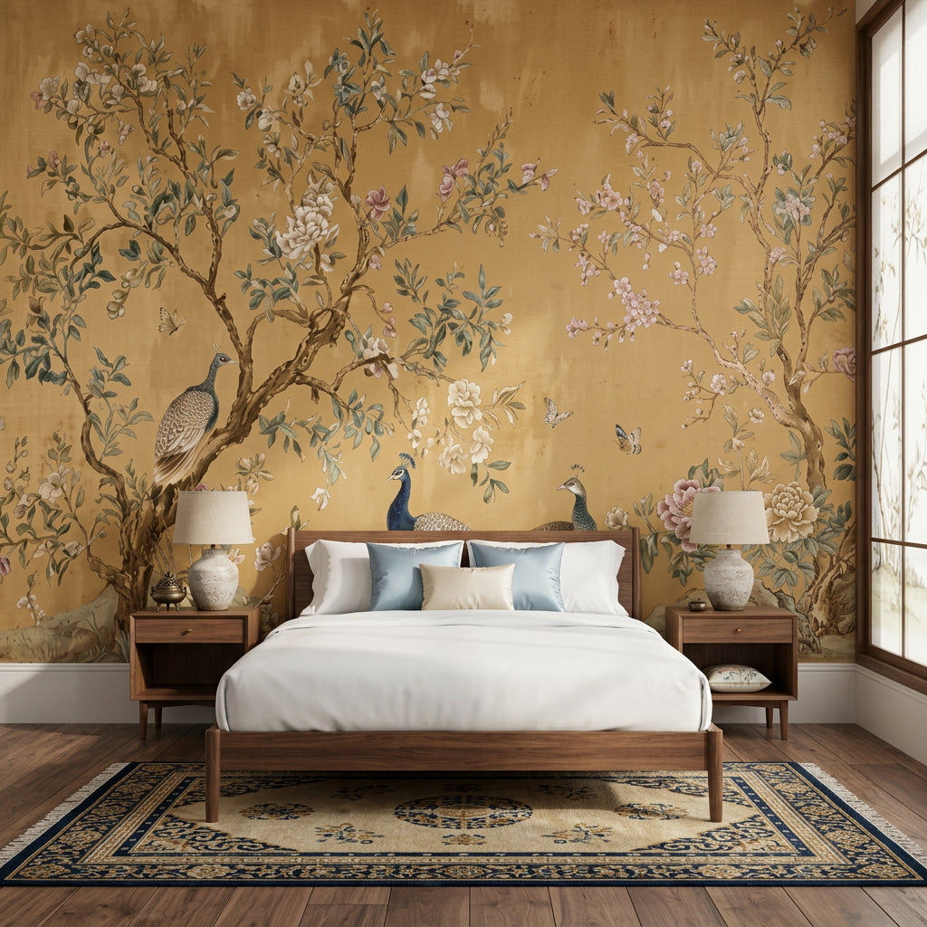 Chinoiserie Wallpaper Peacock Removable Blossoming Branches Wall Decor