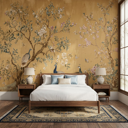 Chinoiserie Wallpaper Peacock Removable Blossoming Branches Wall Decor