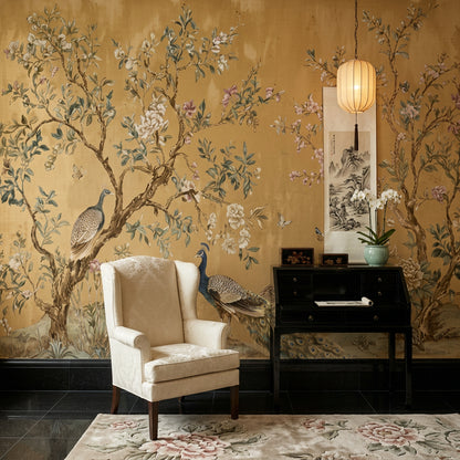 Chinoiserie Wallpaper Peacock Removable Blossoming Branches Wall Decor