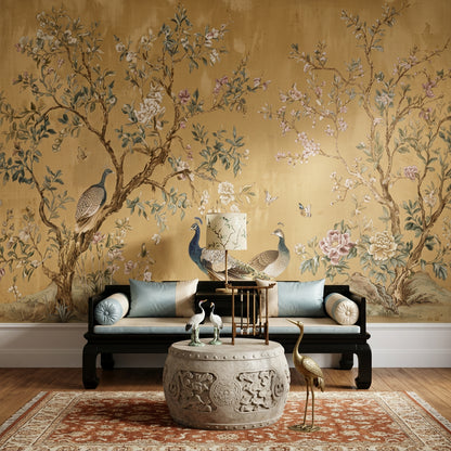 Chinoiserie Wallpaper Peacock Removable Blossoming Branches Wall Decor