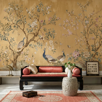 Chinoiserie Wallpaper Peacock Removable Blossoming Branches Wall Decor