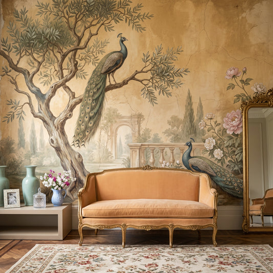 Vintage Fresco Wallpaper Classical Garden Peacocks Removable Wall Decor
