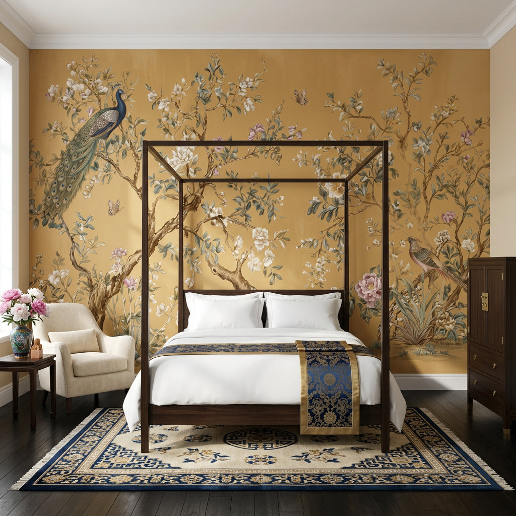 Chinoiserie Style Wallpaper Gold Background Vintage Illustration Wall Mural