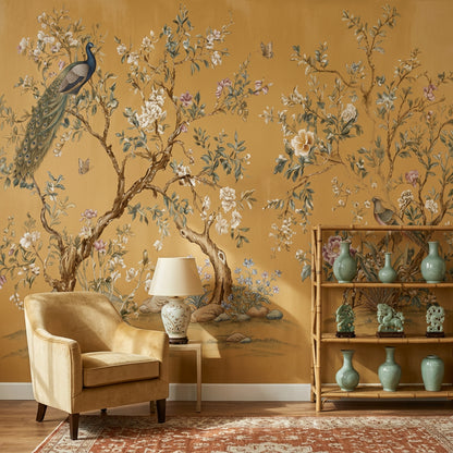 Chinoiserie Style Wallpaper Gold Background Vintage Illustration Wall Mural