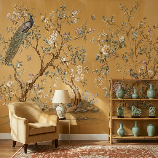 Chinoiserie Style Wallpaper Gold Background Vintage Illustration Wall Mural