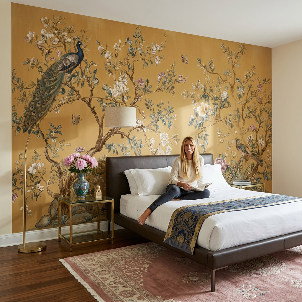 Chinoiserie Style Wallpaper Gold Background Vintage Illustration Wall Mural