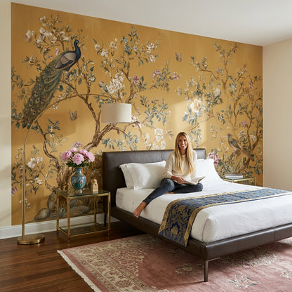 Chinoiserie Style Wallpaper Gold Background Vintage Illustration Wall Mural