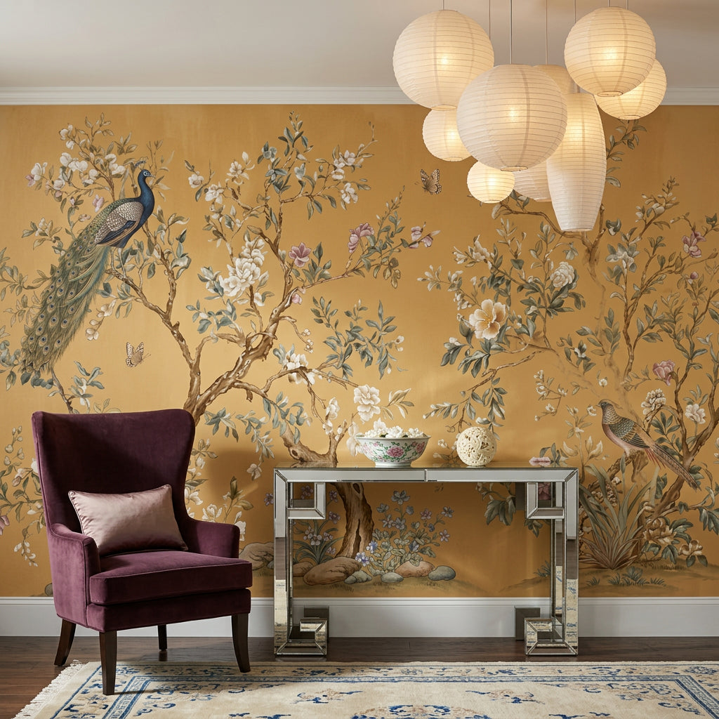 Chinoiserie Style Wallpaper Gold Background Vintage Illustration Wall Mural