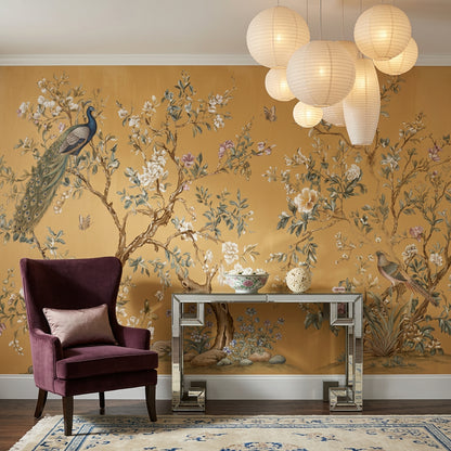 Chinoiserie Style Wallpaper Gold Background Vintage Illustration Wall Mural