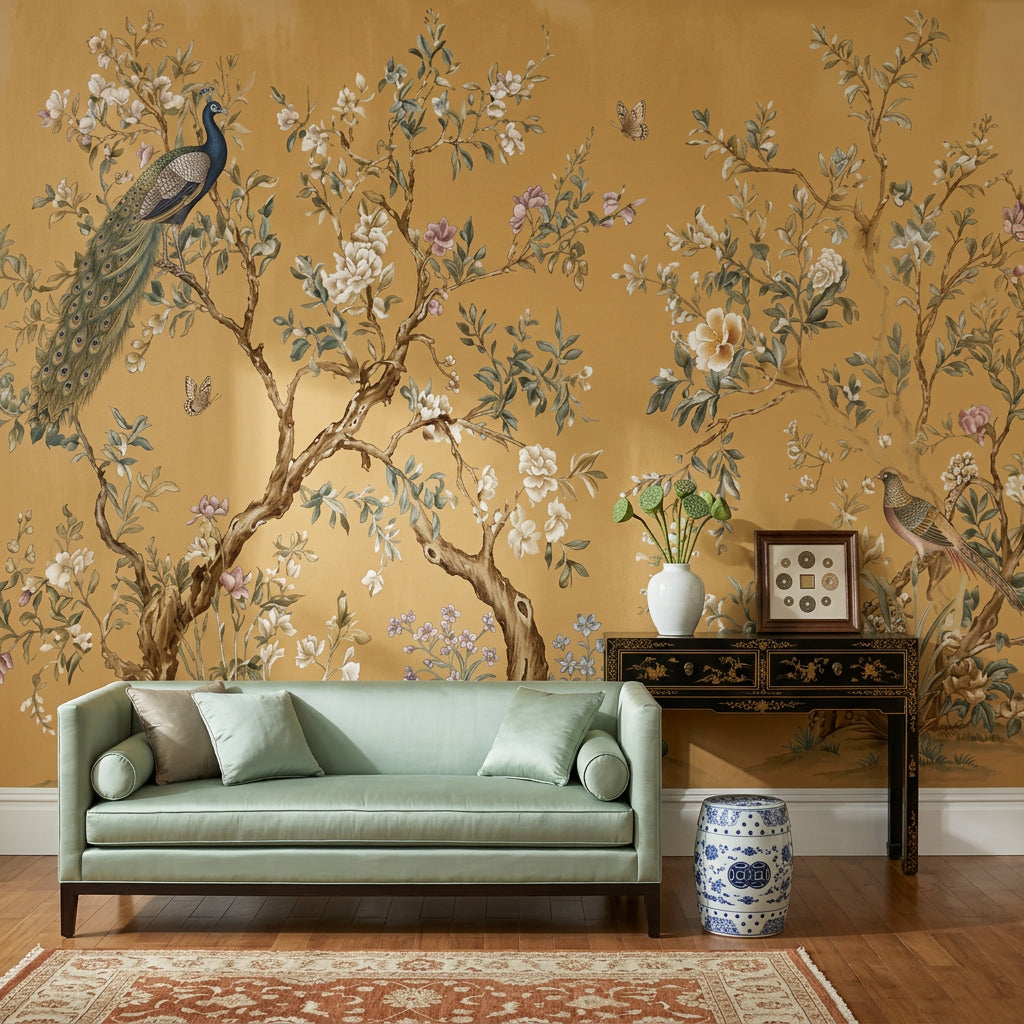 Chinoiserie Style Wallpaper Gold Background Vintage Illustration Wall Mural