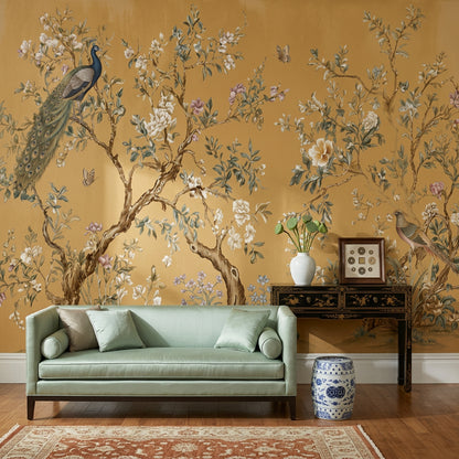Chinoiserie Style Wallpaper Gold Background Vintage Illustration Wall Mural