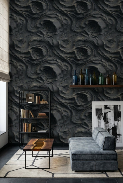 Abstract Stone Texture Wallpaper Black Charcoal Removable Lava Rock Wall Double Roll