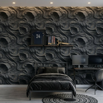 Abstract Stone Texture Wallpaper Black Charcoal Removable Lava Rock Wall Double Roll