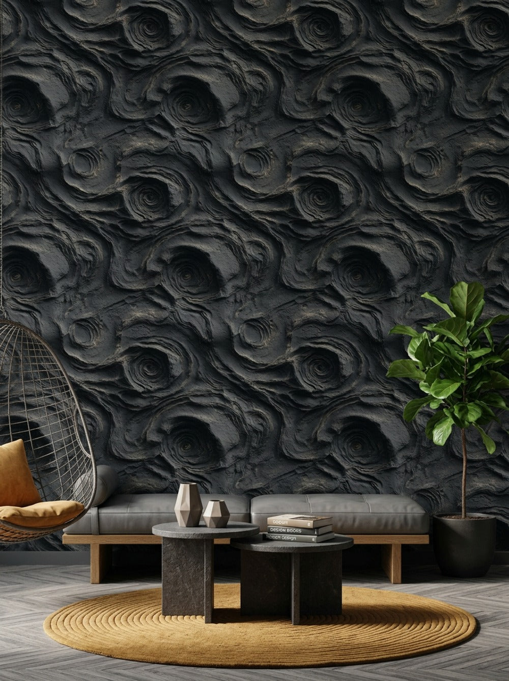 Abstract Stone Texture Wallpaper Black Charcoal Removable Lava Rock Wall Double Roll