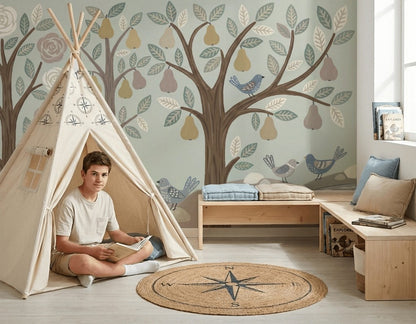 Whimsical Woodland Wallpaper Stylized Trees Hand Painted Wall Mural