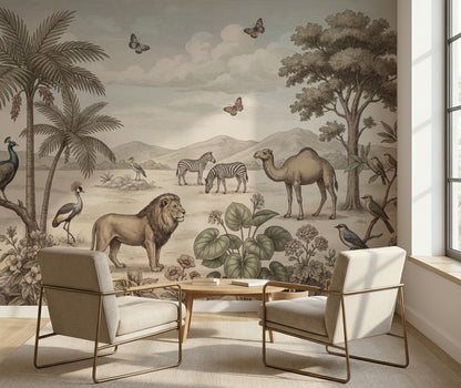 Vintage Safari Wallpaper Savanna Landscape Lion Wall Mural