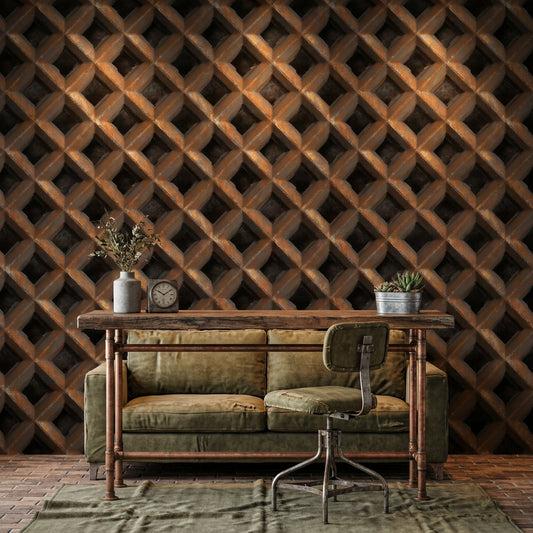 Geometric Lattice Wallpaper 3D Illusion Metallic Copper Decorative Mural