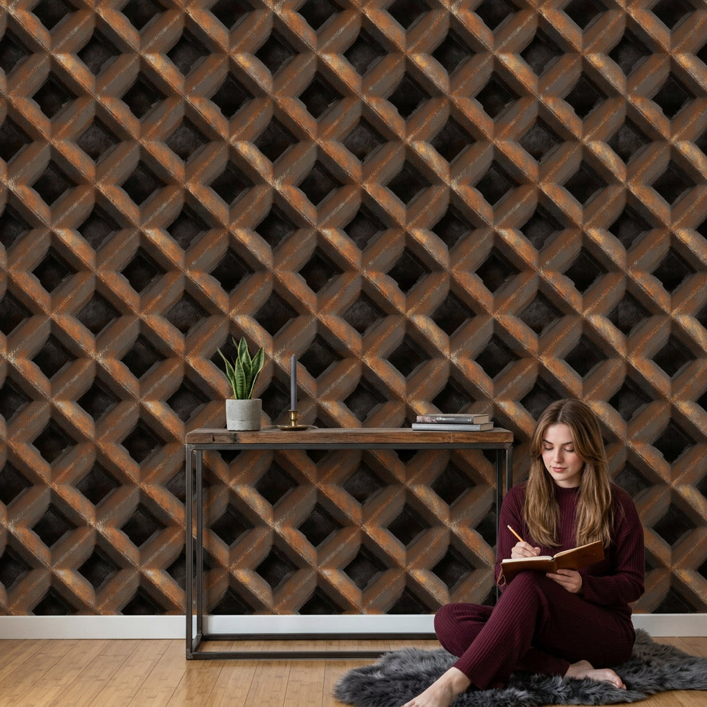 Geometric Lattice Wallpaper 3D Illusion Metallic Copper Decorative Mural