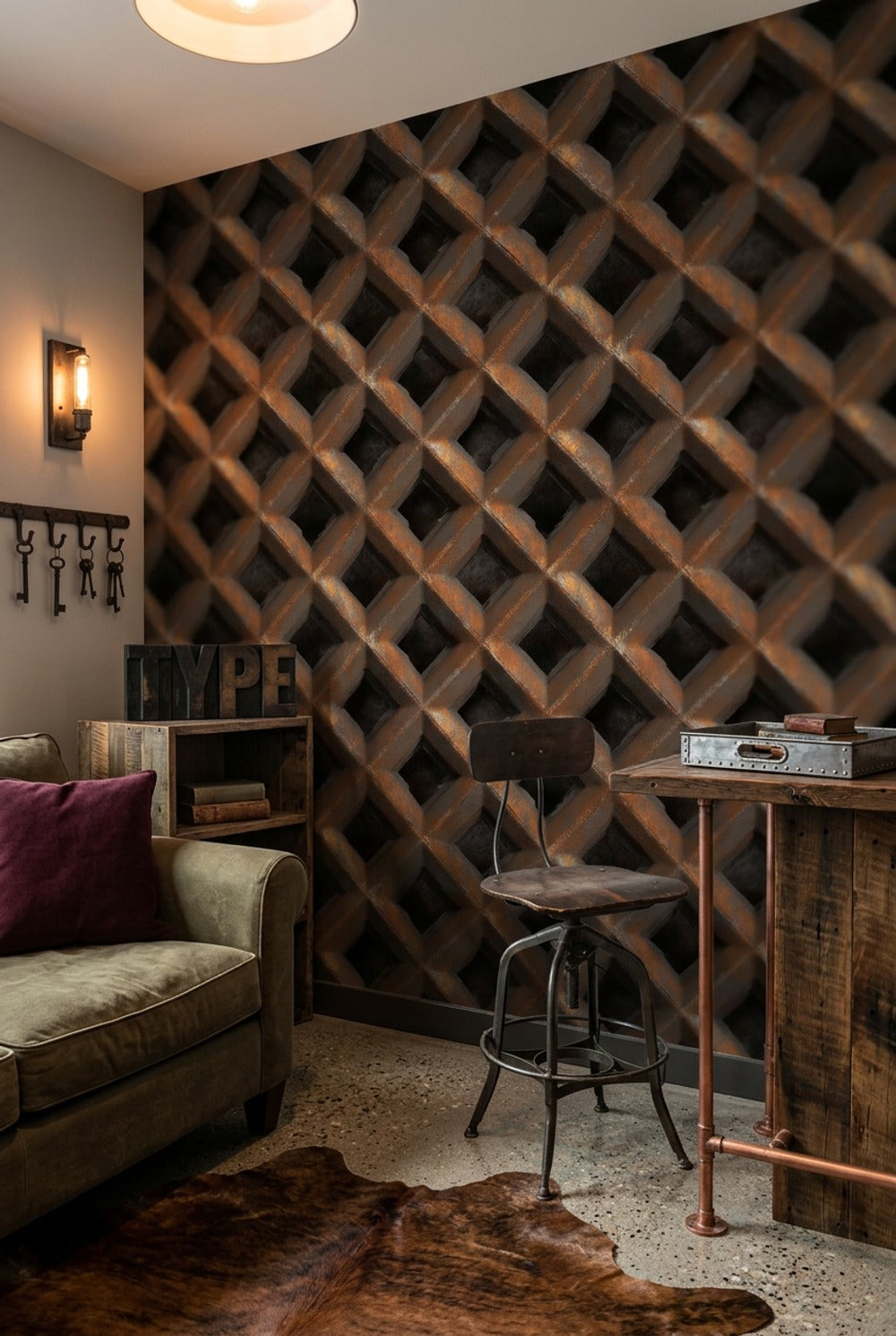 Geometric Lattice Wallpaper 3D Illusion Metallic Copper Decorative Mural
