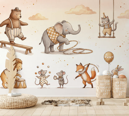 Circus Animals Wallpaper Watercolor Removable Whimsical Wall Decor