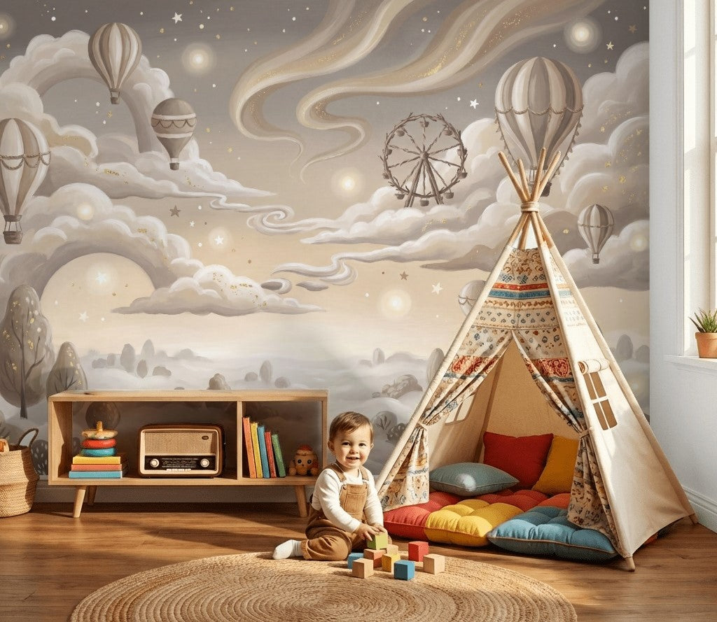 Dreamy Sky Wallpaper Hot Air Balloons Removable Cloudscape Wall Decor