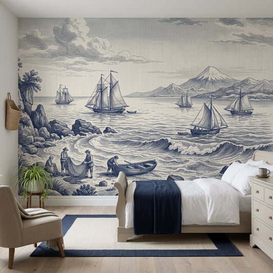 Coastal Landscape Wallpaper Toile Vintage Engraving Wall Mural