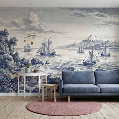 Coastal Landscape Wallpaper Toile Vintage Engraving Wall Mural
