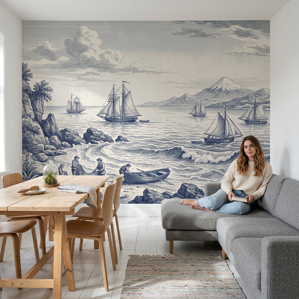 Coastal Landscape Wallpaper Toile Vintage Engraving Wall Mural